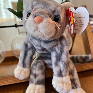 Ty Plush Cat with Silver and White Fur & 2 Birds